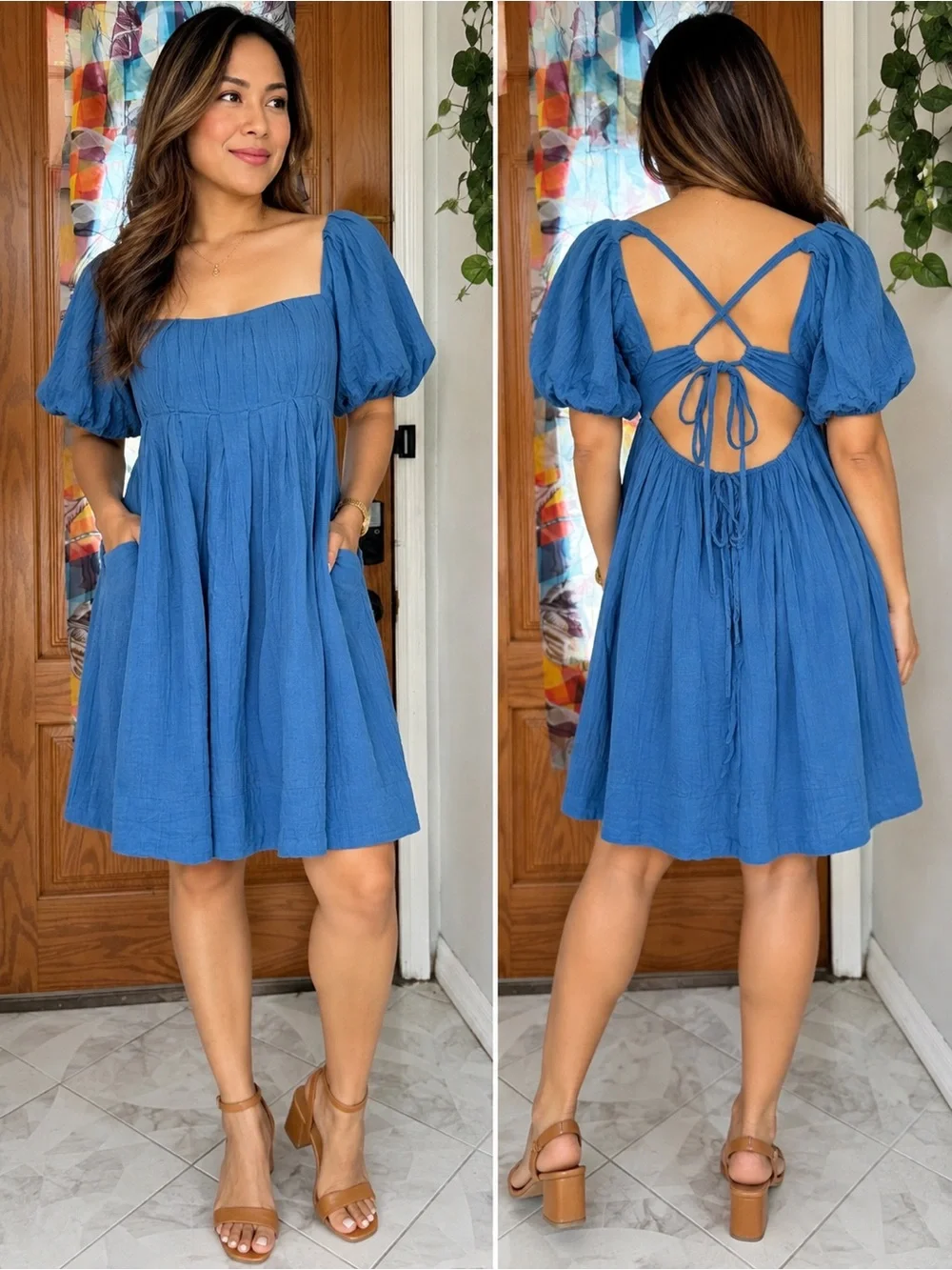 Free People Marina Mini Dress Blue Bell Puff Sleeve Open Back Tie Size M